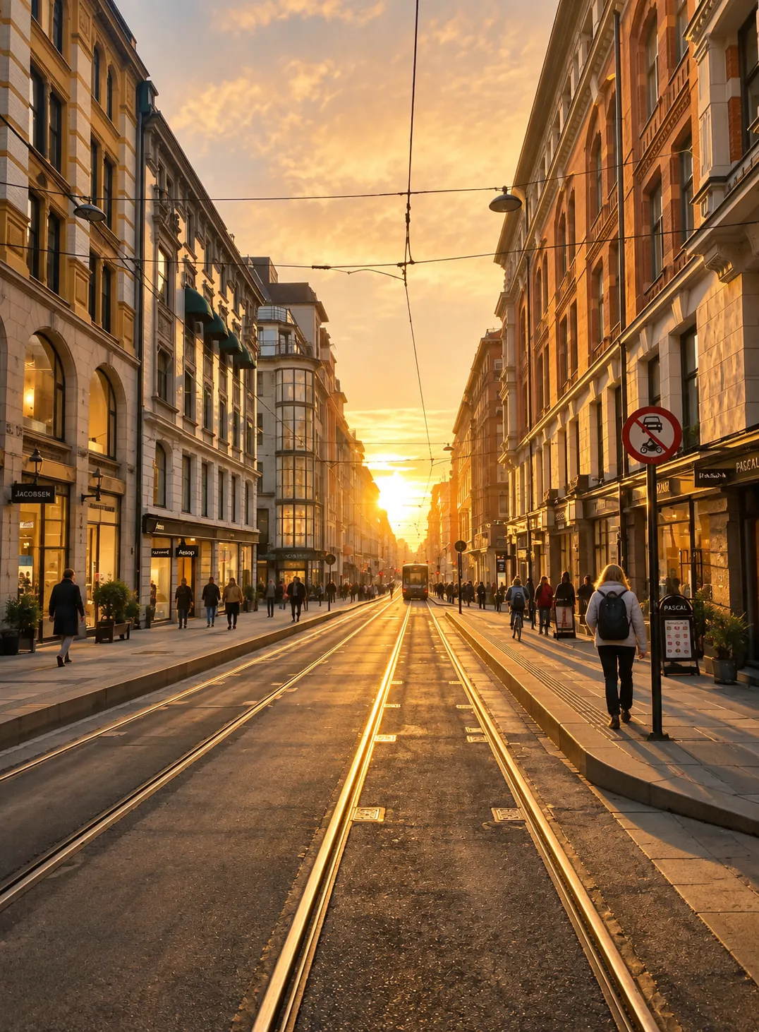 Gate i Oslo sentrum med trikkeskinner i solnedgang